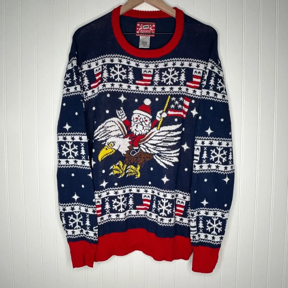 Hybrid Mens Ugly Christmas Sweater 2XL Santa Eagle USA Flag Patriotic Holiday